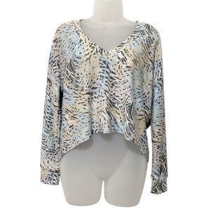 Chaser Women’s Small Blue Beige Leaf Print High Low V-Neck Long Sleeve Crop Top